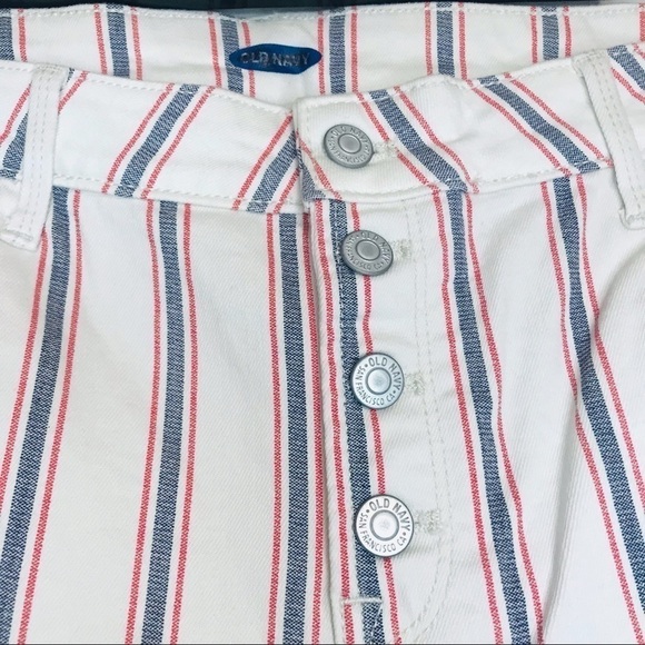 New! Old Navy High Rise Button Fly Blue Red Stripes Patriotic Denim Jean Shorts - Picture 3 of 10